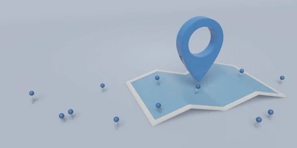 Search concept with simple locator mark of map and location pin or navigation map pointer symbol on blue background. Route planner, milestone path concept. 3D render