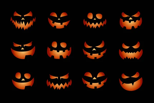 Conjunto Calabazas Halloween Asustadizas Brillantes Siluetas Cortadas Sobre Fondo Negro — Archivo Imágenes Vectoriales