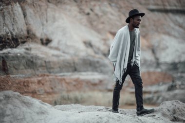 Yakışıklı Afrikalı Amerikalı adam granit kanyona karşı poz veriyor. 