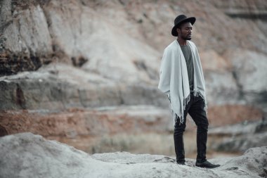 Yakışıklı Afrikalı Amerikalı adam granit kanyona karşı poz veriyor. 