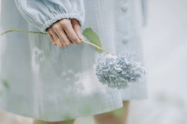 Tiro Recortado Mujer Joven Vestido Azul Con Flores Hortensias Mano — Foto de Stock