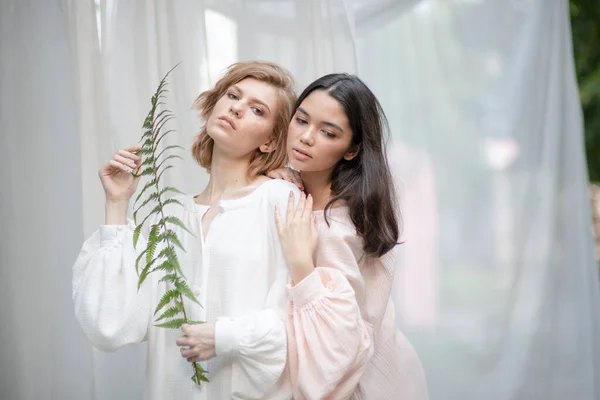 Mujeres Hermosas Posando Contra Tela —  Fotos de Stock