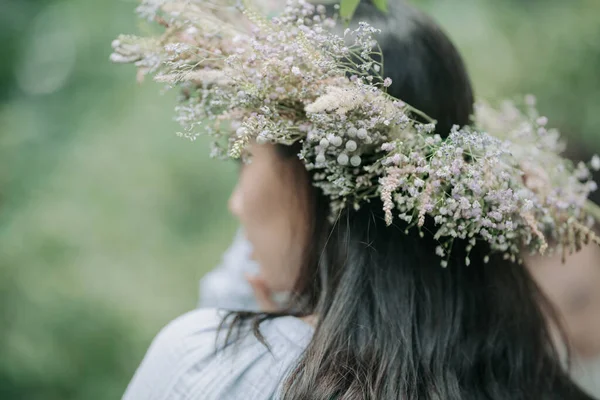 Back View Woman Flower Wreath Posing Camera Stock Picture