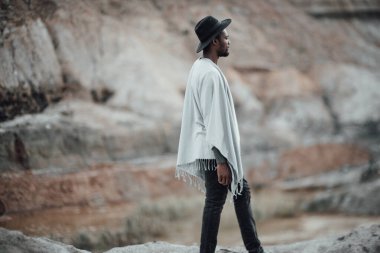 Granit kanyona karşı poz veren yakışıklı Afro-Amerikan adamın yan görünüşü 