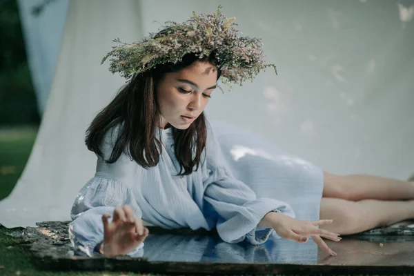 Attractive Woman Flower Wreath Looking Mirror Park — Stock Photo, Image