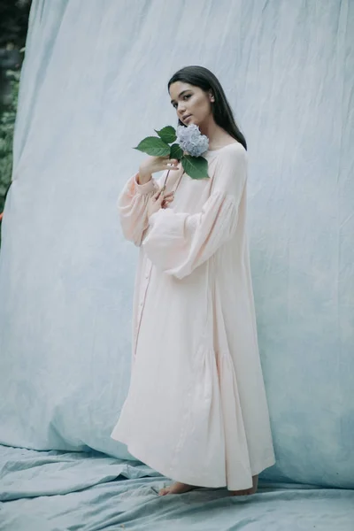 Portrait Tender Woman Posing Hydrangea Flowers Cloth Background — Stock Photo, Image