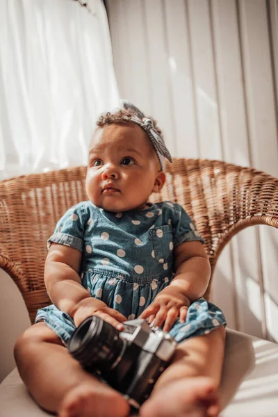 Portrait Cute Little Girl Blue Clothes Sitting Armchair Camera Hands — Stock Photo, Image