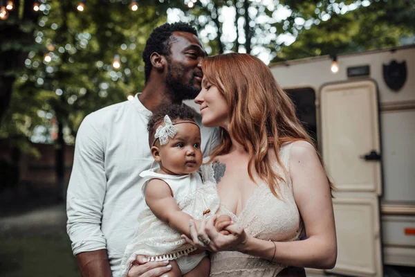 Outdoor Portrait Loving Couple Holding Little Girl Hands Family Resting Stock Photo