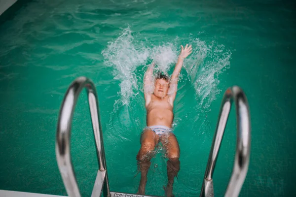 Happy Kid Jumping Swimming Pool — Stock Photo, Image