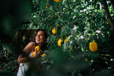 seçici odak noktası limon ağacının yanında poz veren kız