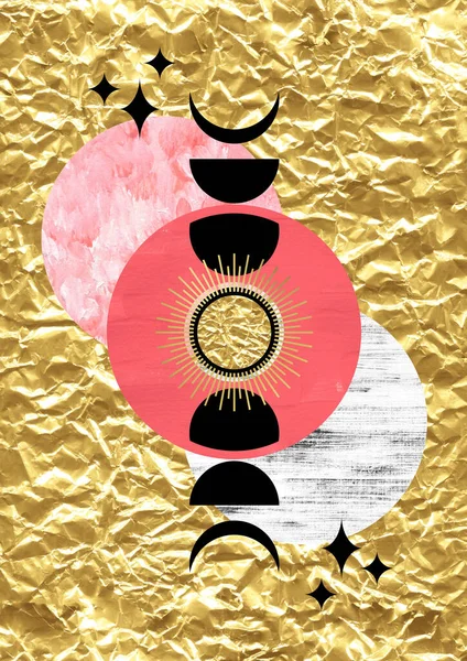 Stelle mistiche, poster delle fasi di sole e luna, rosa e oro. Minimale astratto strutturato grafica moderna — Foto Stock