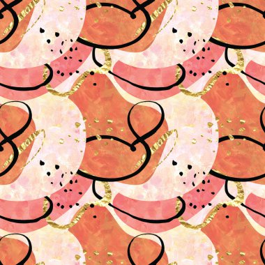 Elle boyanmış kusursuz modern grafik desen. Pembe, mercan, altın soyut konsept tekstil kumaş baskısı
