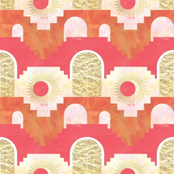 手描きのシームレスな繰り返しパターンコラージュ ピンク サンゴ テラコッタ 金色の箔現代グラフィック アーチ 階段の街の風景壁紙 月の神秘的な兆候 Print — ストック写真