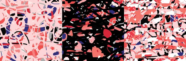 ピンクのサンゴの色合いのシームレステラゾパターン黒灰色の青 ベクトルセット3パターン 装飾的な大理石の石の表面 生地の紙のテクスチャ印刷のClipart 現代抽象幾何学壁紙 — ストックベクタ