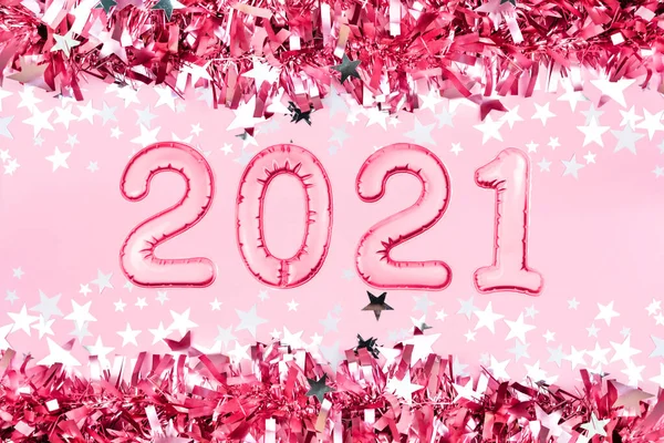 2021 New Year Numbers Metallic Foil Balloons Pink Tinsel Decor — Stock Photo, Image