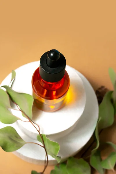 Bej arka planda Pipette Cam Şişeli Anti Yaş Yüz Serumu. Yeşil okaliptüslü kozmetik esanslı yağ üst manzarayı terk eder. Podyumda yüz bakımı antioksidan, C vitamini, Retinol tedavisi