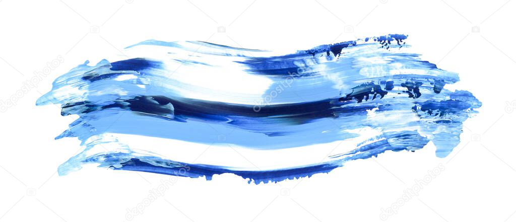 Hand drawn brush smear isolated on white. Dark blue and light blue colors. Wave shape art stroke