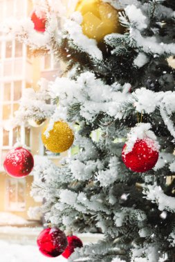 Şehirde kırmızı ve sarı topları olan bir Noel ağacı. Mahallede kış tatili avlusu.