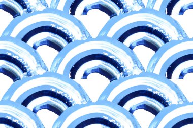 Kusursuz desenli boya lekesi arkaplanı. El çizimi mavi ve beyaz akrilik fırça darbesi. Deniz kızı ölçekli, yuvarlak bir sanat eseri duvar kağıdı. Soyut yaratıcı doku sıçrama tekrarlayıcı kırpma