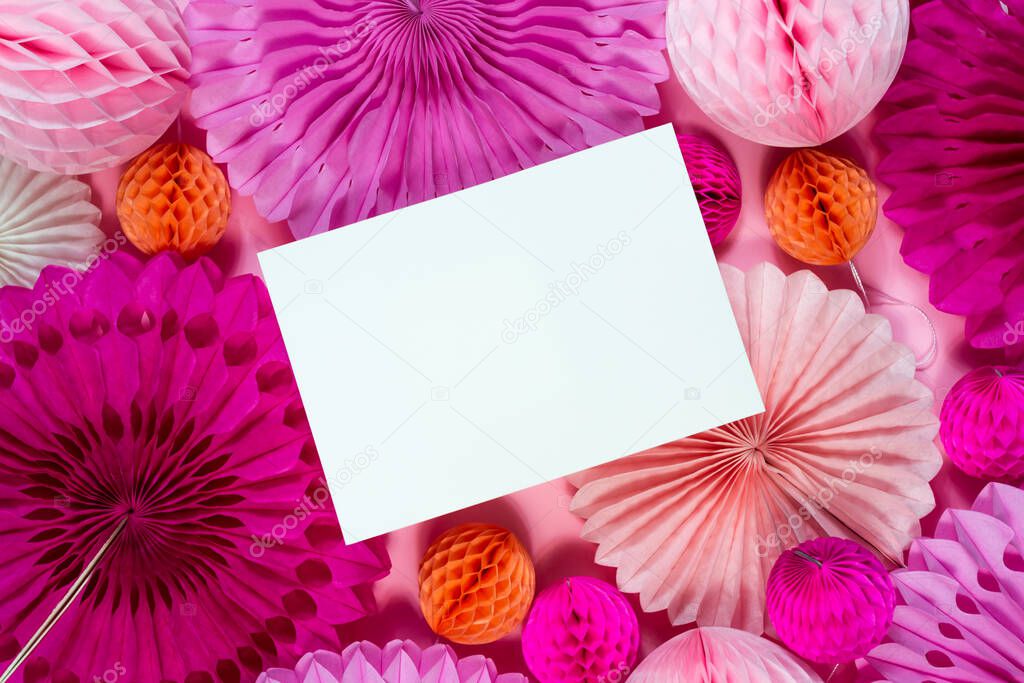 Birthday party round pink paper decor, greeting card mockup. Postcard template, bright pastel wallpaper