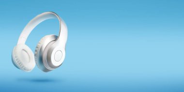 Mavi arka planda beyaz kablosuz kulaklıklar var. Kopyalama alanı olan yeni teknoloji pankartı