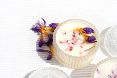 Cam kavanozdaki organik mumlar ve beyaz desenli, kıvrımlı karton arka plandan yapılmış kuru çiçekler. Modern Light ev yapımı dekor yakın plan. Özel romantik diy makro konsepti.