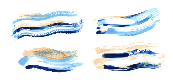 Conjunto Swash Pincelada Azul Oro Dibujado Mano Mancha Pintura Aislada —  Fotos de Stock