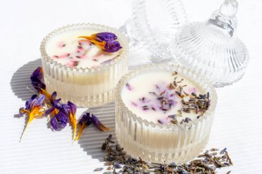 Beyaz arka planda kuru mor çiçekli cam kavanozda iki organik mum. Ev yapımı dekor diy konsepti