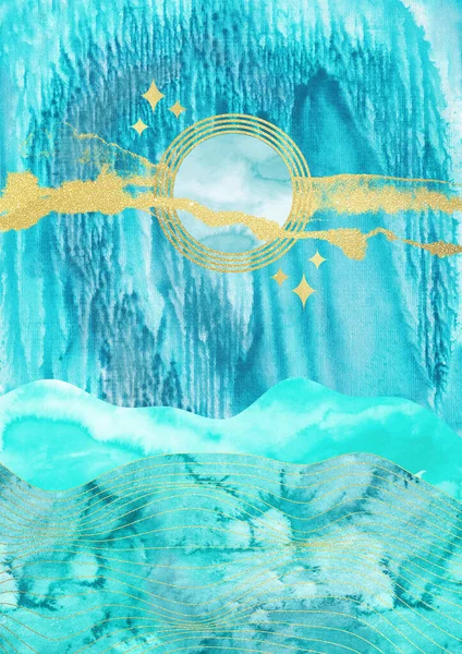 Nebeská Krajina Koláž Zlatá Fólie Akvarel Tyrkysové Pozadí Současný Letní — Stock fotografie