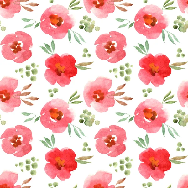 Blommig bakgrund för utskrift. Akvarellröda blommor. — Stockfoto