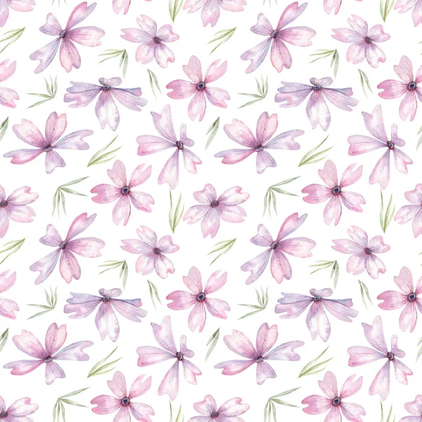 Nahtloses Muster Von Lila Aquarellblumen Auf Weißem Hintergrund — Stockfoto