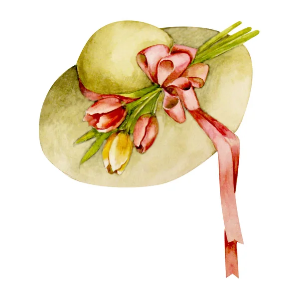 Watercolor image of a womans hat with flowers and bows — Zdjęcie stockowe