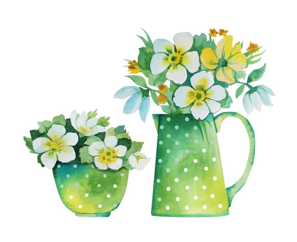 Desenho aquarela. Buquê de flores. lata de rega verde com ervilhas brancas. — Fotografia de Stock