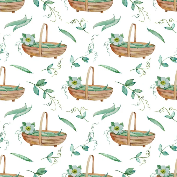Kusursuz desenler. Suluboya çizim. Sepet ve bezelye.
