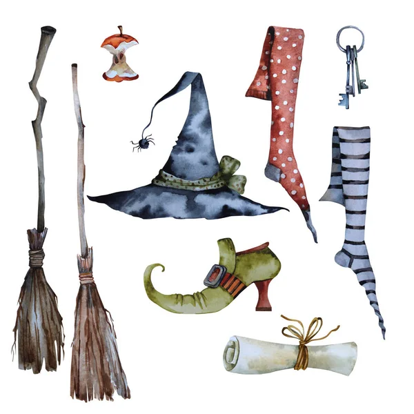 Outfit Witch Watercolor Hat Shoes Stockings Broom Halloween — Stock Photo, Image