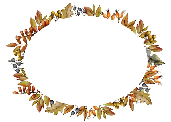 Okrągła Rama Jesiennych Liści Jagód Akwarela — Zdjęcie stockowe