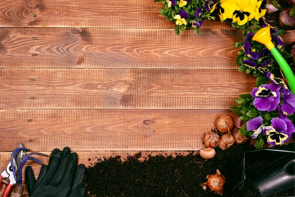 Ahşap masa üzerinde bahar çiçekleri ve bahçe araçları. 