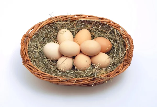 Eggs in the basket on the hay — Zdjęcie stockowe