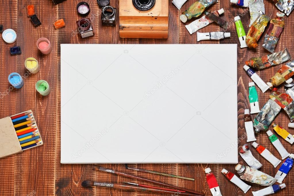 Artistic equipment: paint, ink, pencils, brushes. And free space for your text.