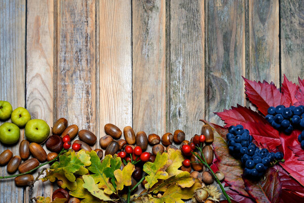 Autumn leaves and acorns over wooden background. Free space for your text.