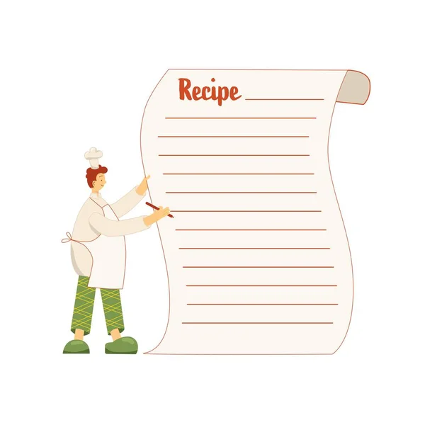 Cocinero con hoja de recetas, sombrero, uniforme de restaurante de cocina profesional. Ilustración de stock vectorial aislada sobre fondo blanco para curso de cocina en línea del sitio web, certificado de clase, diploma. — Vector de stock