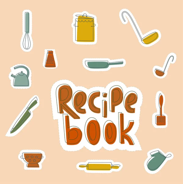 Recipe book- cooking lettering with kitchen tools, cookware in boho colors outline. Vector stock illustration on background for print industry, web site online school. — Stock Vector