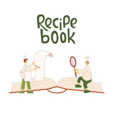 Yemek tarifi kitabı, şapkalı aşçı, profesyonel mutfak restoranındaki üniforma. Baskı endüstrisi mutfak dekorasyonu için beyaz arkaplanda vektör stoku çizimi izole edildi.