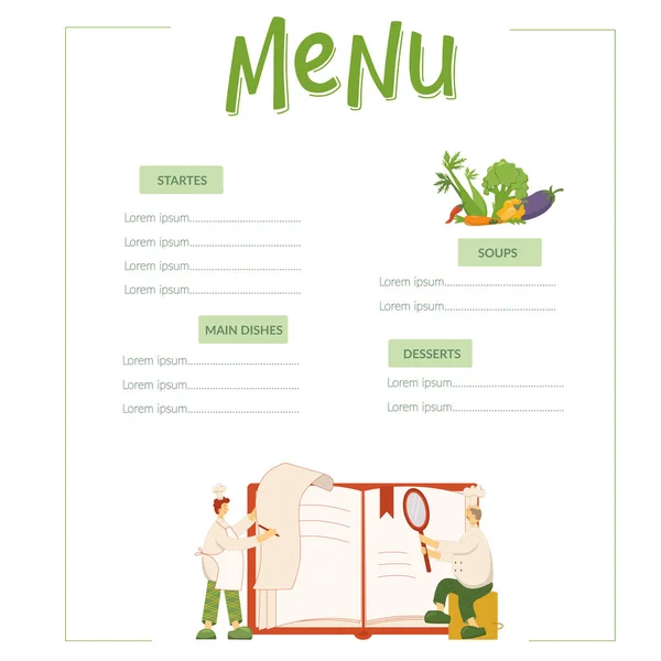 Menu, koks zijn op zoek naar pecipe in boek over keuken in restaurant. Grappige chef-koks en platte groenten. Handgeschreven belettering en vectorvoorraadillustratie geïsoleerd op witte achtergrond. — Stockvector