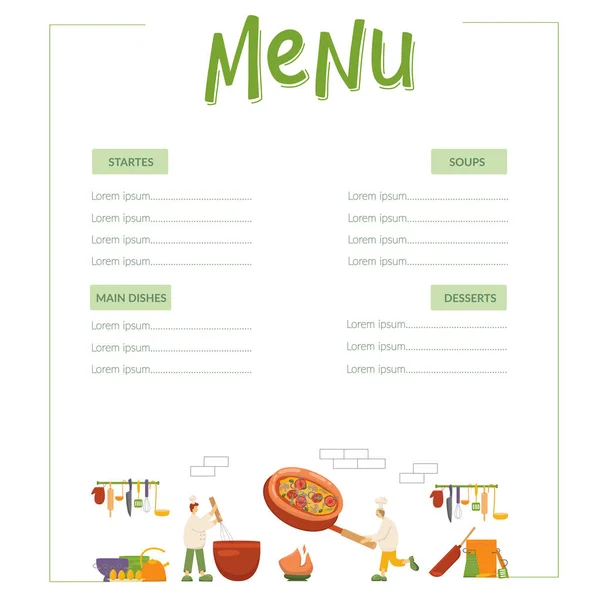 Menu, koks koken pizza in de keuken in restaurant. Grappige chef-koks en vuur. Handgeschreven belettering en vectorvoorraadillustratie geïsoleerd op witte achtergrond. — Stockvector