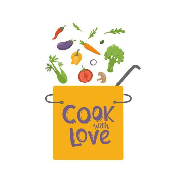 Sebze ve mutfak tavasıyla aşk mektuplarıyla yemek pişirmek. Web sitesi çevrimiçi aşçılık kursu, sınıf sertifikası, diploma için vektör hisse senedi illüstrasyonu beyaz arka planda izole edildi.
