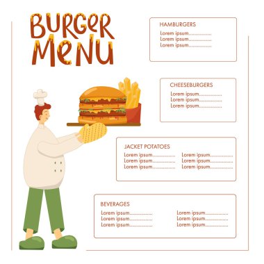 Hamburger menüsü fast food restoranı için el yazısı. Tasarım şablonu için vektör stok illüstrasyonu beyaz arkaplanda izole edildi.