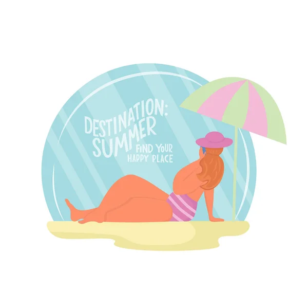 Young body positive woman on beach. Summer vacation seaside concept. Lettering text destination: summer, find your happy place. Vector stock illustration isolated on white background for advertisement — Stock Vector