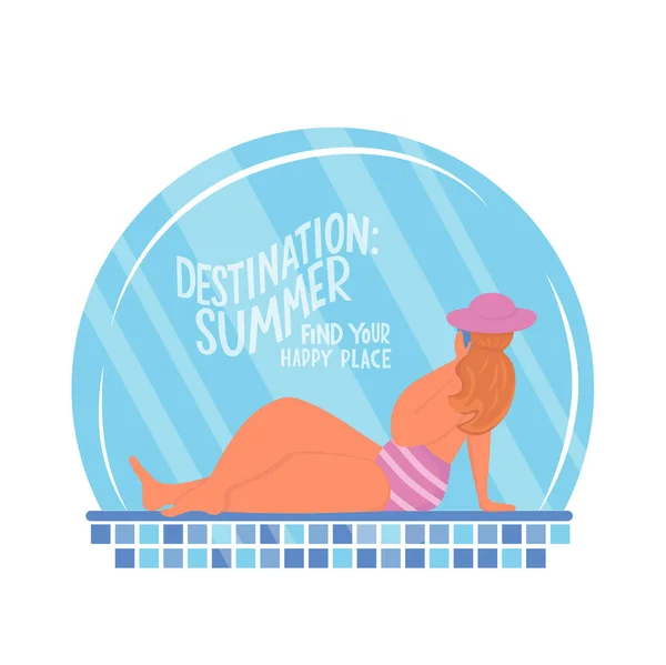 Young body positive woman near swimming pool. Summer vacation seaside concept. Lettering text destination: summer, find your happy place. Vector stock illustration isolated on white background. EPS10 — Stock Vector