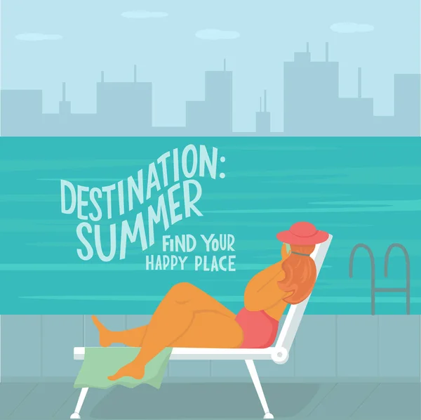 Body positive woman near swimming pool on skyscraper urban city landscape background. Summer vacation concept. Lettering text destination: summer, find your happy place. Vector stock illustration. EPS — Stock Vector